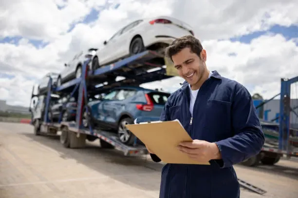 A technician signing off a vehicle checklist beside a loaded car carrier